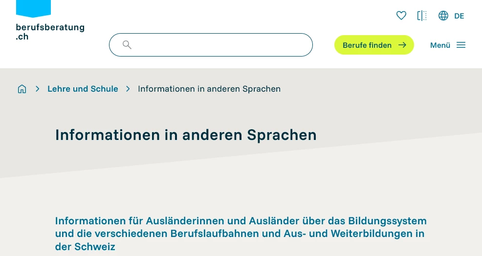 Sprachen auf berufsberatung.ch