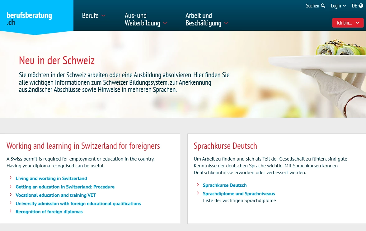 Screenshot berufsberatung.ch, Neu in der Schweiz